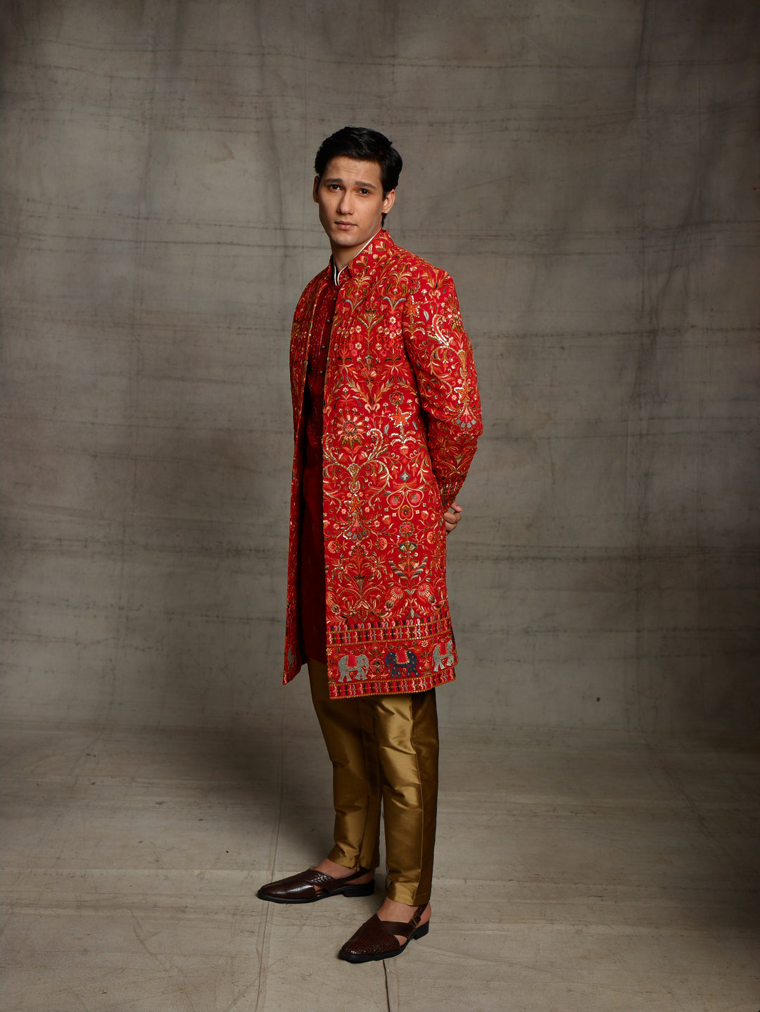 Red multicolored jacket kurta set