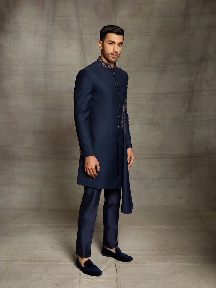 Blue draped indo-western in textured fabric
