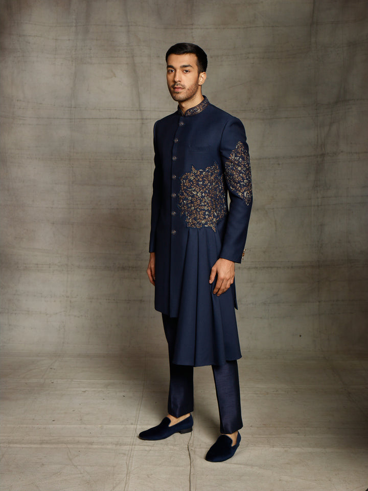 Blue draped indo-western in textured fabric