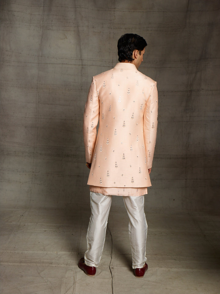 Jacket style indo-western in peach color.