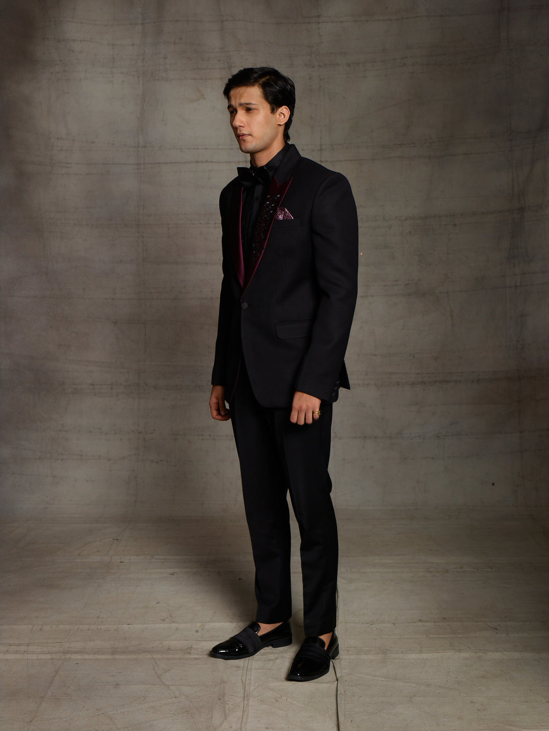 Black suit with contrast lapel