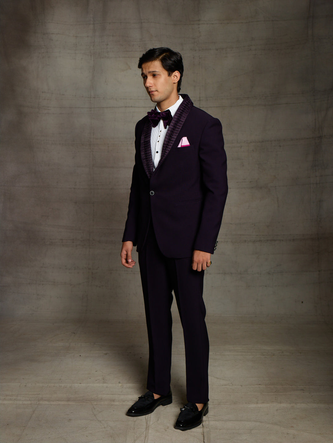 Purple tuxedo with pleated lapel