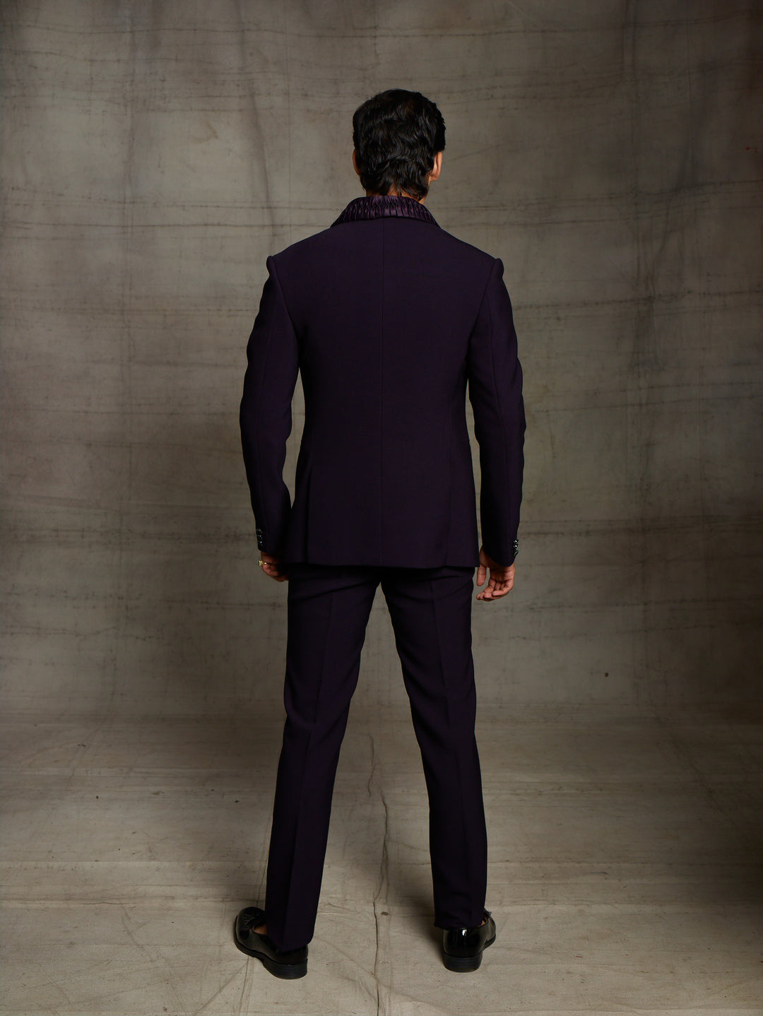 Purple tuxedo with pleated lapel